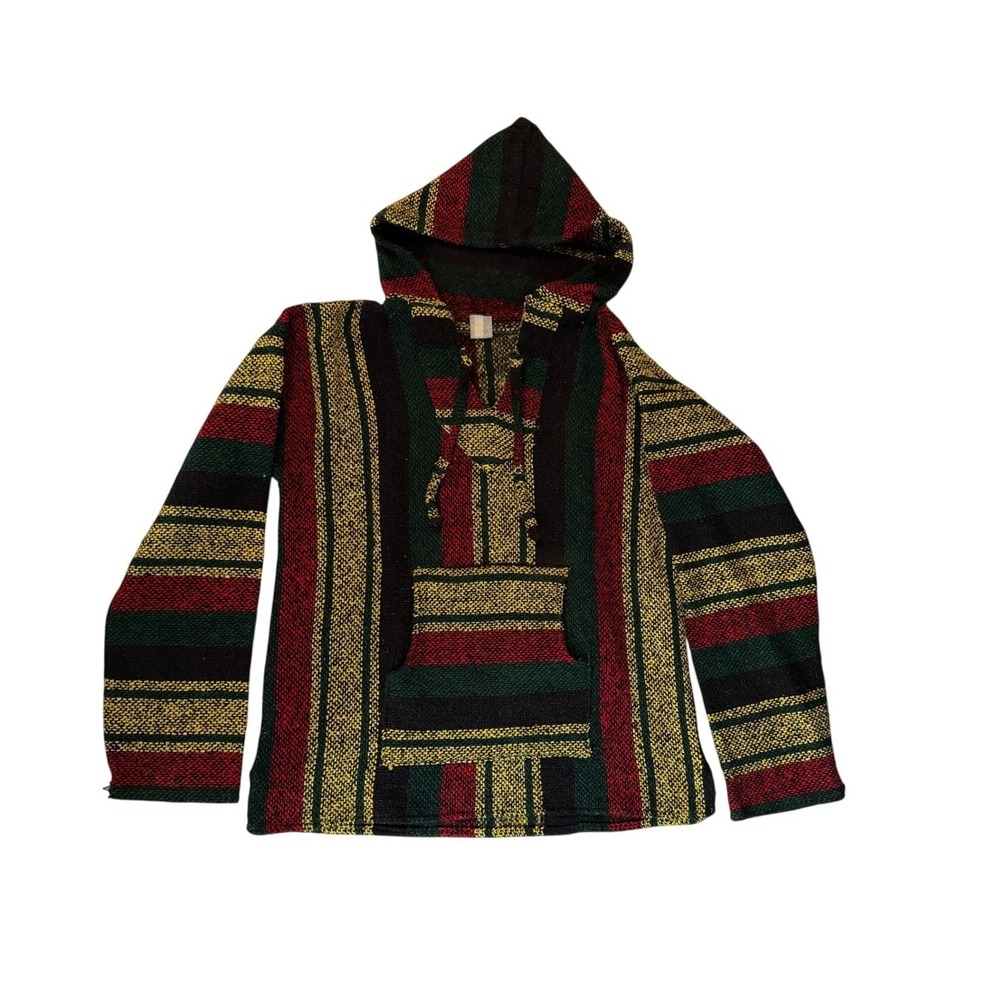 Mexican Baja Hoodie Rasta Striped Woven Pullover Hippie Boho Large